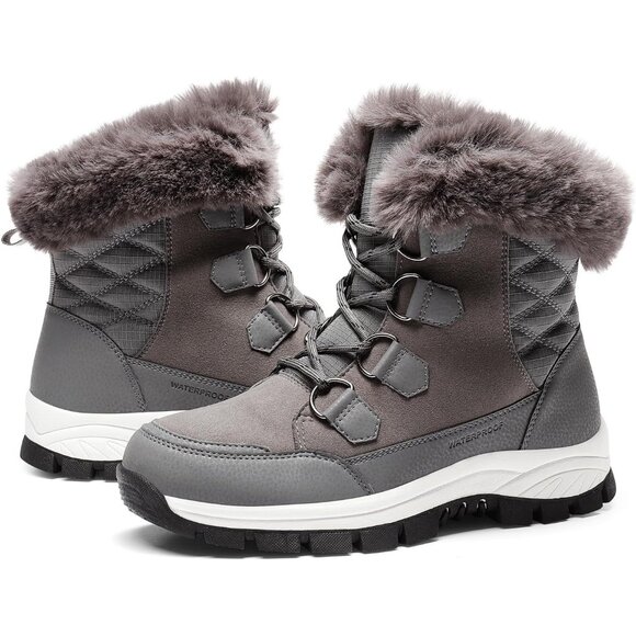 Women’s Dark Grey Waterproof Snow Boots Warm Faux Fur Lace Up Mid Calf - Picture 5 of 7